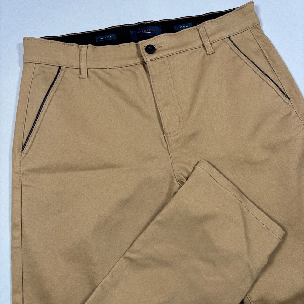 Marc Asher Slim Fit Chinos Mens 36x30 Tan Khaki Pants Flat Front Casual Trousers
